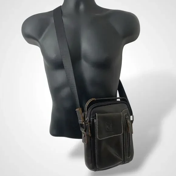 Bull Captain Men Crossbody Bag Distressed Brown Genuine Leather Adjustable Strap - Picture 8 of 8